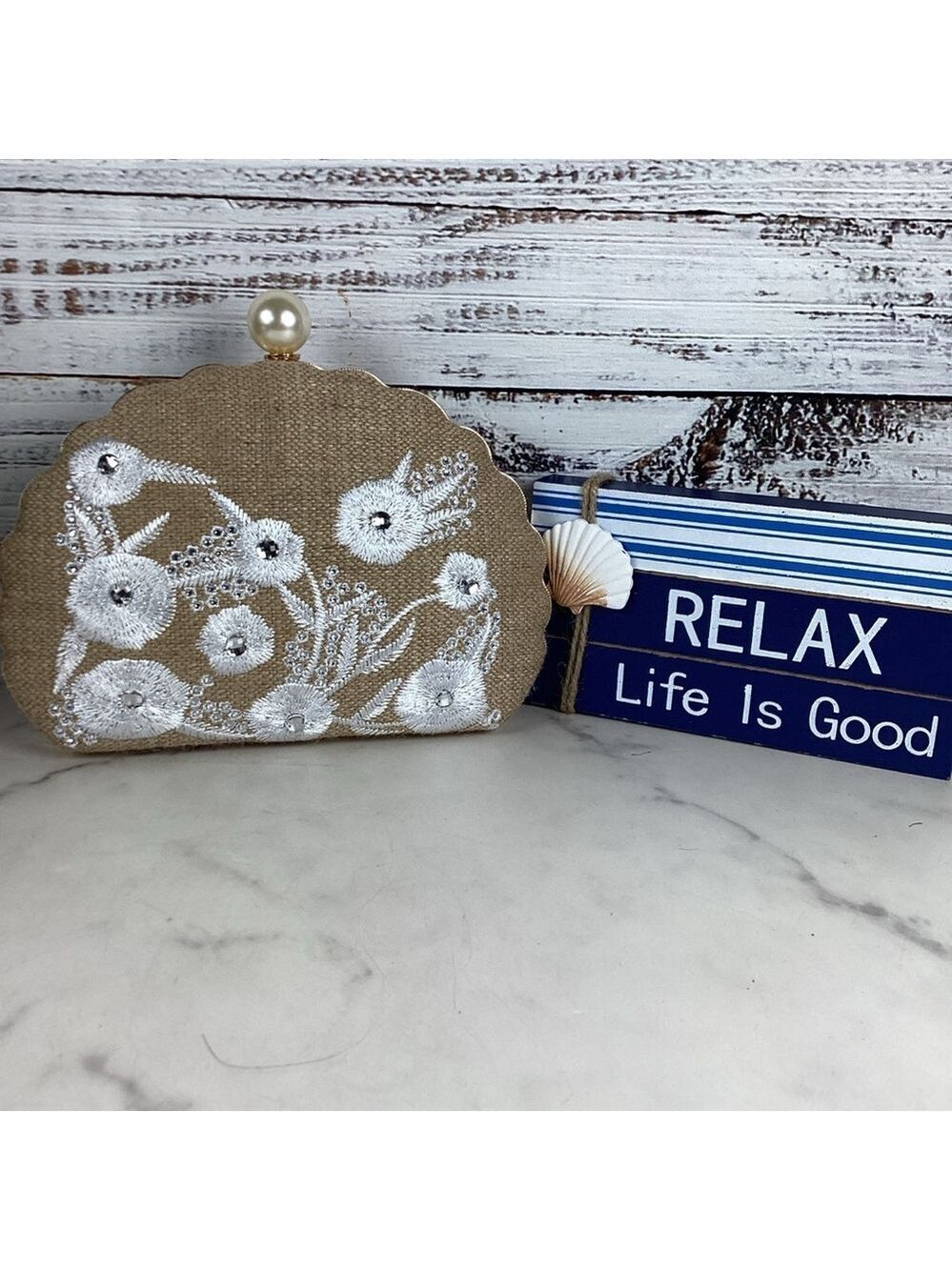 Haute Hippie Beach bag Tan Gold Floral Clutch Wristlet rhinestones embroidered - Picture 6 of 11